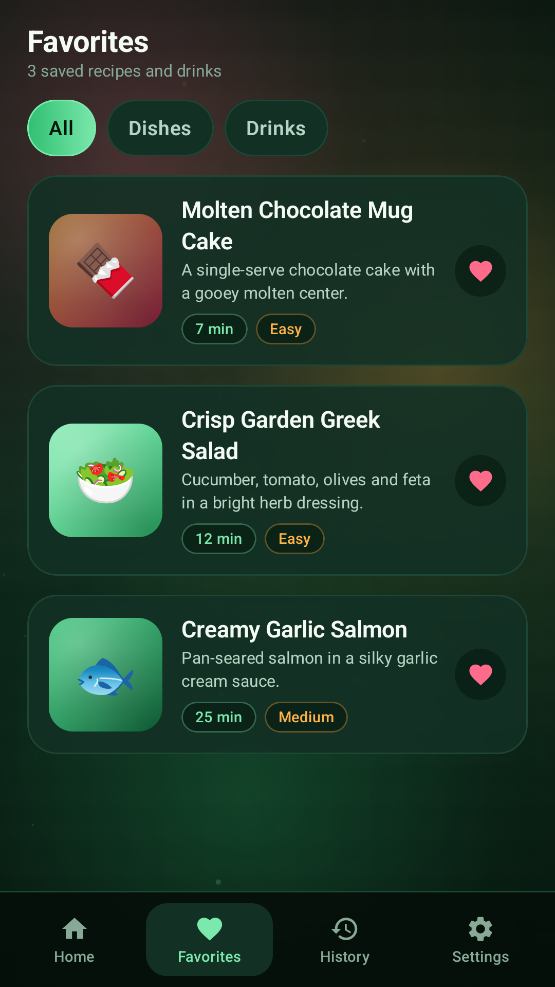 Nourish Guide favorites screen